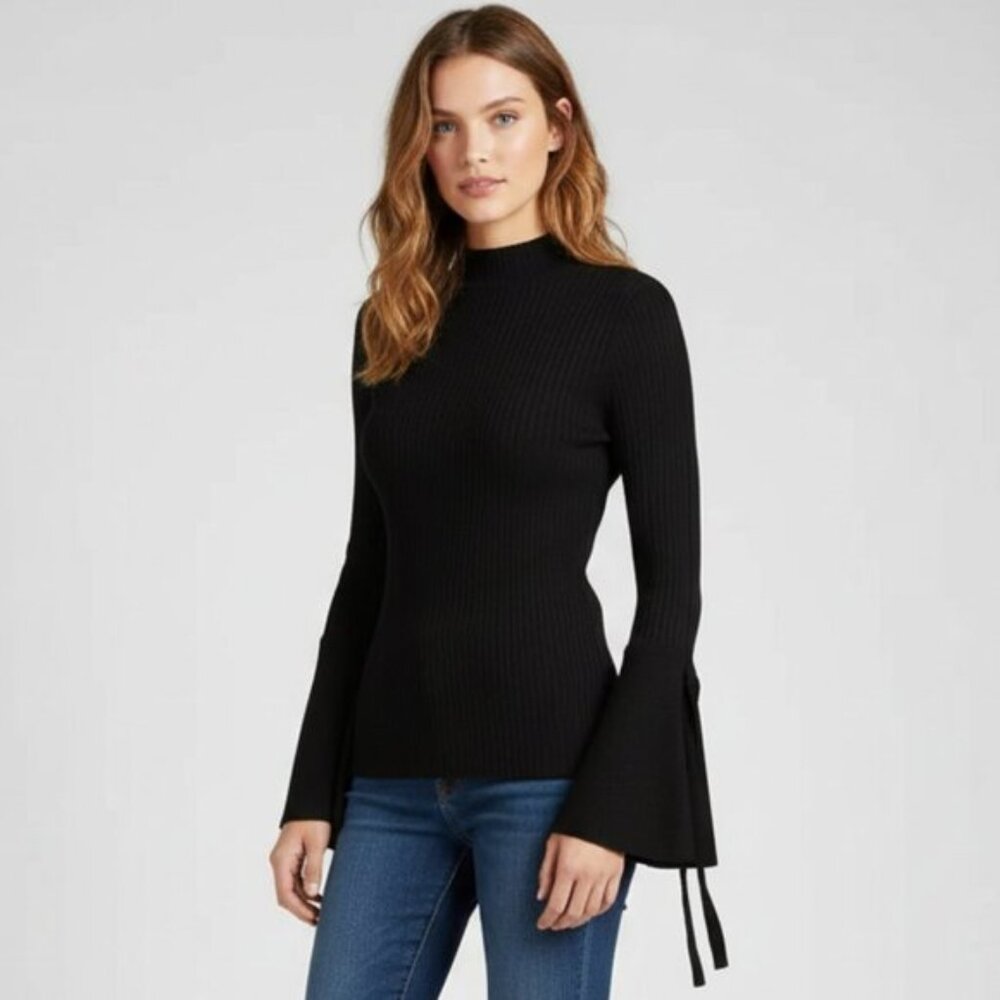 Venus Mock Turtle Neck Rib Knit Bell Tie Sleeve Black Top Sweater M